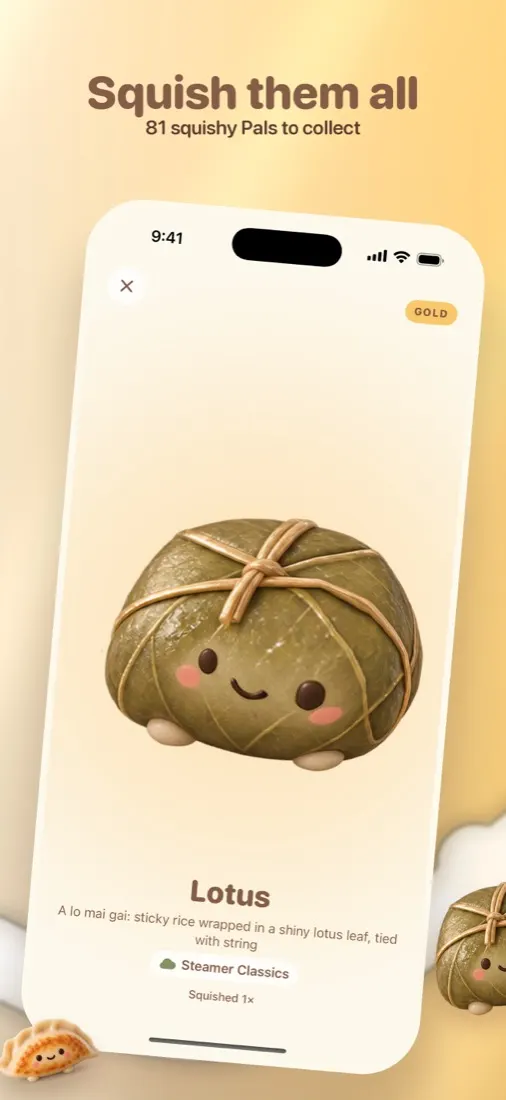 A gold Pal called Lotus, ready to squish. 81 squishy Pals to collect.