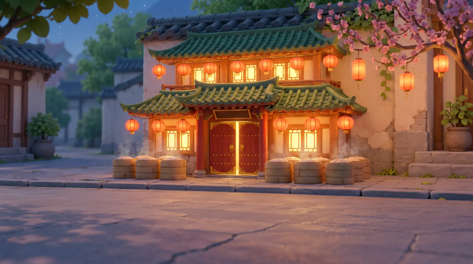 A glowing teahouse with red lanterns and steaming bamboo baskets at dusk.